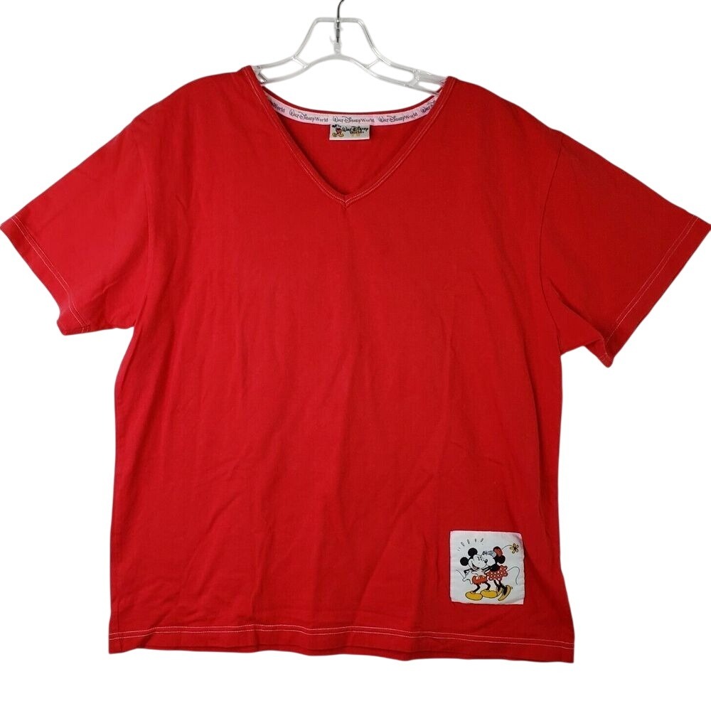 Disney World T-Shirt Womens L Mickey Mouse Red Patch V-Neck Cropped Retro Preppy